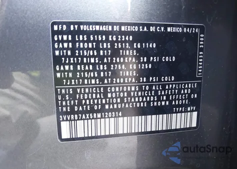 2024 Volkswagen Tiguan 2.0T S z USA, uszkodzony, nr VIN 3VVRB7AX5RM120314